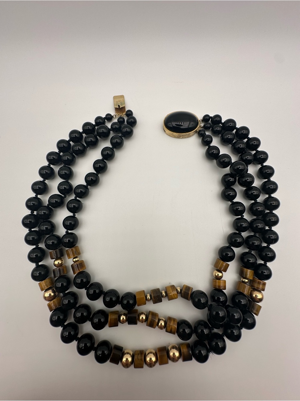 Vintage Multi Strand Black Beaded Tiger Eye Gold Tone Statement Necklace